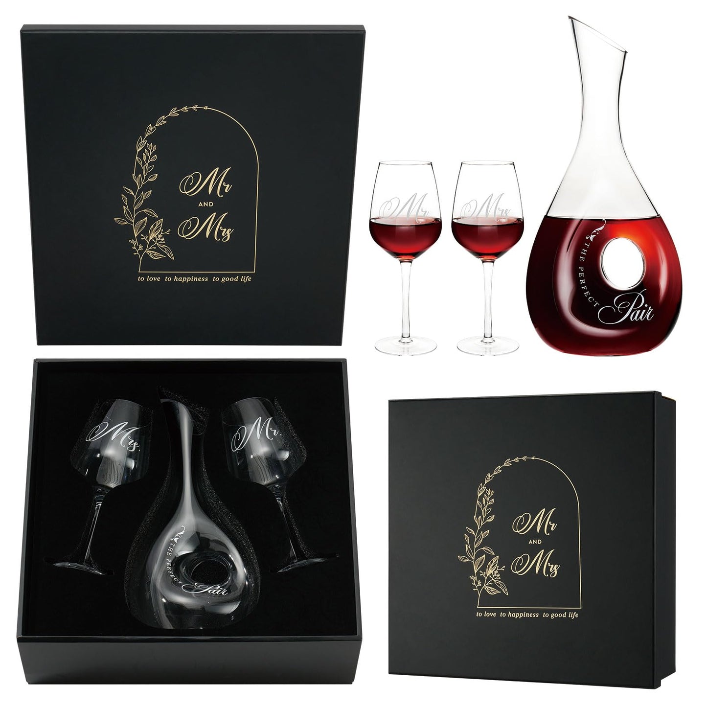 AW BRIDAL Mr and Mrs Wine Glasses for Wedding Bridal Shower Engagement Gifts, Wedding Glasses with Wine Decanter for Couples Newlyweds, Anniversary Bachelorette Party Bride Gifts