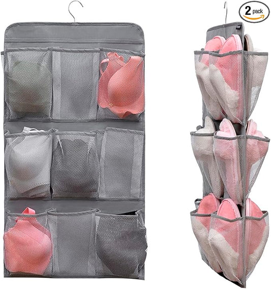 2 Pcs Closet Organizer Dual Sided Hanging Shoe Storage Bag Underwear Socks Holder with 18 Pockets (MESH POCKETS)