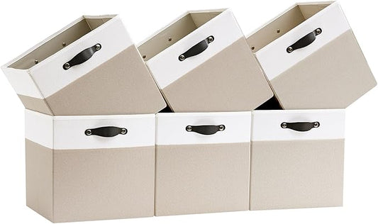 Storage Cube Bins | 7.7 oz/ydÂ² Fabric Cubby Organizer Baskets for Shelf, Bookcase, Closet, Cabinet, Wardrobe | 13x13 Cube Drawer | 6 Pack, Beige & White, 13x13x13 Inch