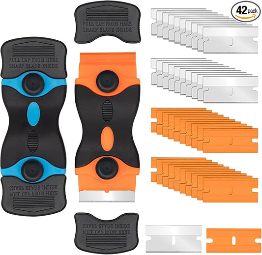 Aisoso Razor Scraper Tool 2 Pack, Razor Blade Scraper Tool with 20pcs Plastic Blades and 20pcs Metal Scraper Blades, Paint Scraper for Glass, Decals, Wallpaper, Stickers