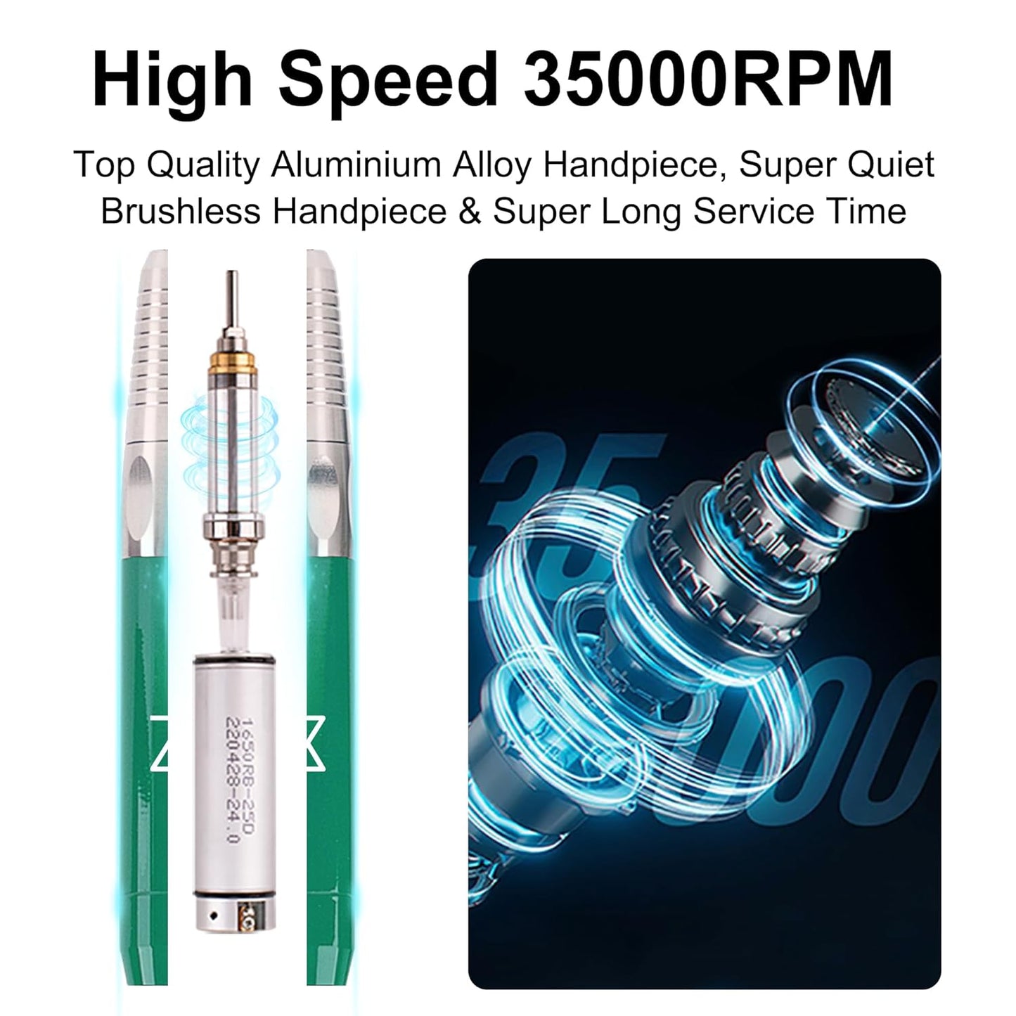 M - Max Brushless Motor Nail Drill Handpiece Only - 35K RPM | Machine Not Included | Compatible with M Brushless Nail Drill System (Handpiece - Green)