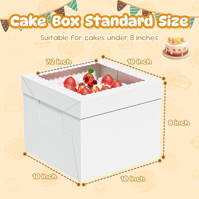 15 Pack Cake Boxes, 10x10x8 Inches Tall Cakes Box with Window, White Cake Boxes with Cakes Boards, Square Bakery Box, for Cake, Treat Cookie Dessert, Pastry, Birthday Party, Mother's Day, Weddings
