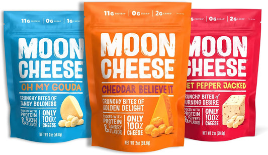 Moon Cheese Variety Pack, Cheddar, Gouda & Pepper Jack, Crunchy, Protein-Rich Cheese Snack, Gluten Free, Keto Friendly, 100% Real Cheese, 2 Ounce (Pack of 3)