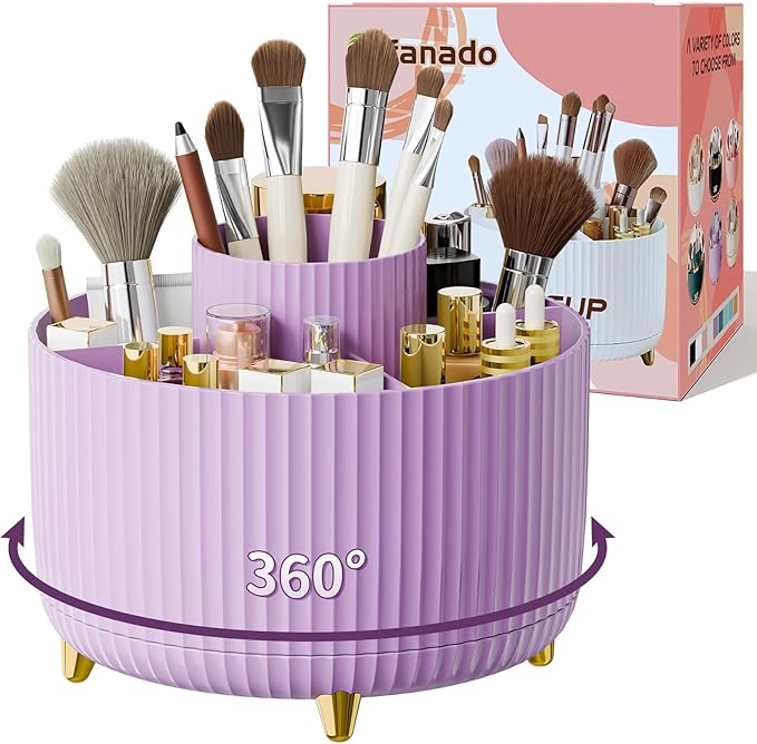 360Â° Rotate Makeup Brush Holder Organizer, Makeup Organizers Countertop, Makeup organization and Skincare Storage for Vanity, Desktop, Bathroom (Purple)