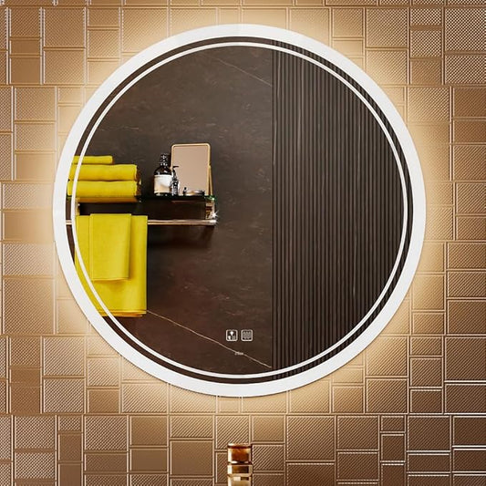 KWW Round Mirror Bathroom LED Lighted Mirror, Illuminated Dimmable Anti-Fog Wall-Mounted Makeup Vanity Mirror with Lights (23.5" L x 23.5" W)