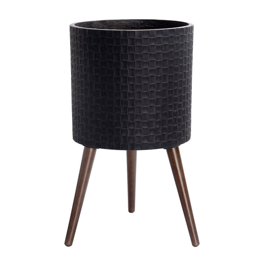 D'vine Dev 14 Inch Modern Geometric Tile Patterned Sleek Planter Pot with Stand, Indoor Outdoor Decorative Plant Holder, Distressed Black, 88-Z-D-5