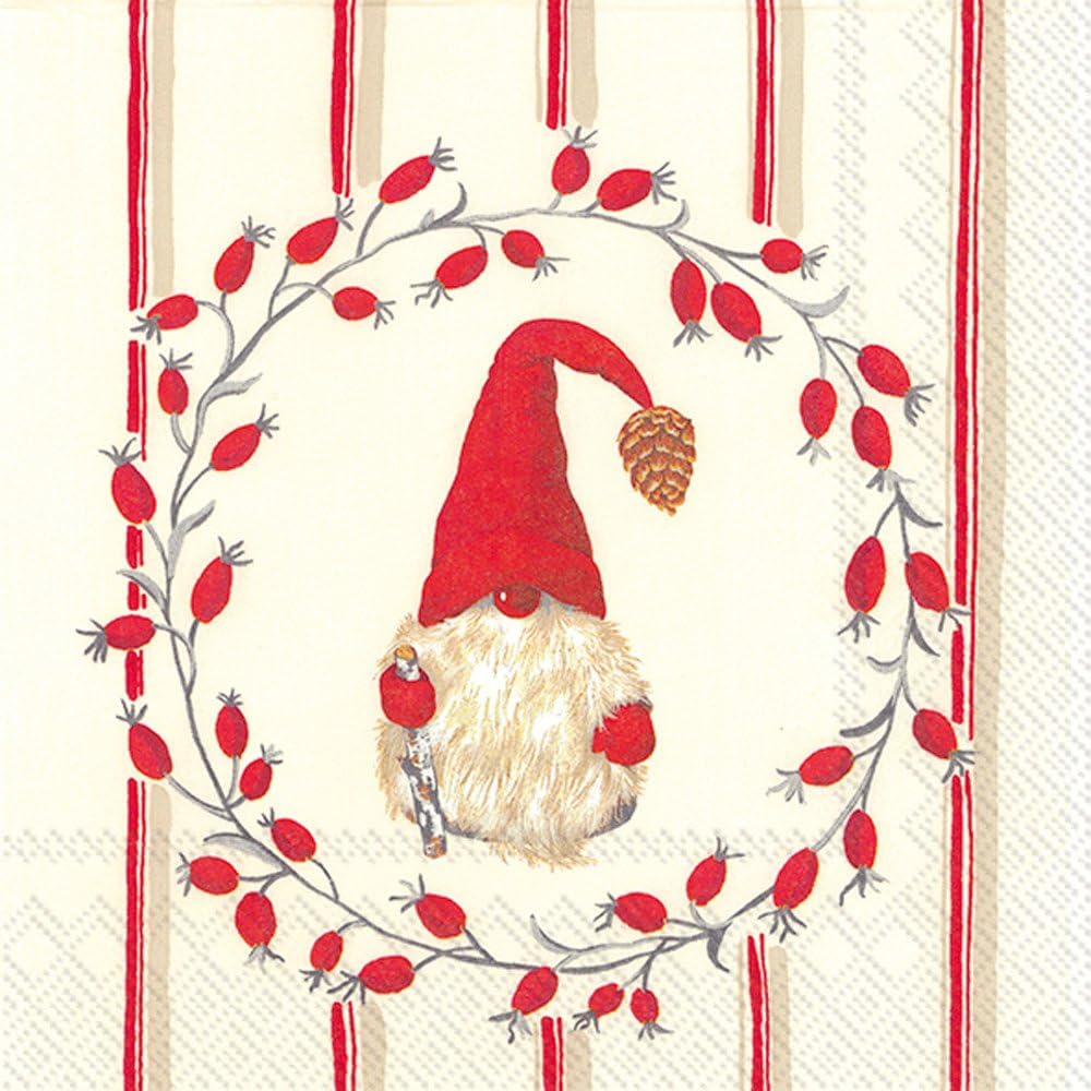 Boston International IHR Christmas 3-Ply Paper Napkins, 20-Count Cocktail Size, Little Nisse - Red, (C742910)