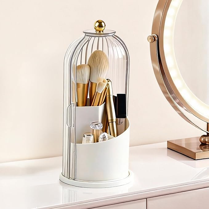 360Â° Rotating Makeup Brush Holder with Lid, Waterproof Three-Compartment Makeup Organizer, 180Â° Side-Pull Door Desk Organizer, Dustproof Brush Holder for Vanity and Bathroom (Transparent)