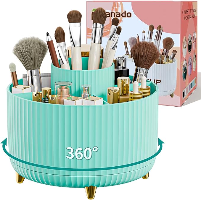 360Â° Rotate Makeup Brush Holder Organizer, Makeup Organizers Countertop, Makeup organization and Skincare Storage for Vanity, Desktop, Bathroom (Mint Green)