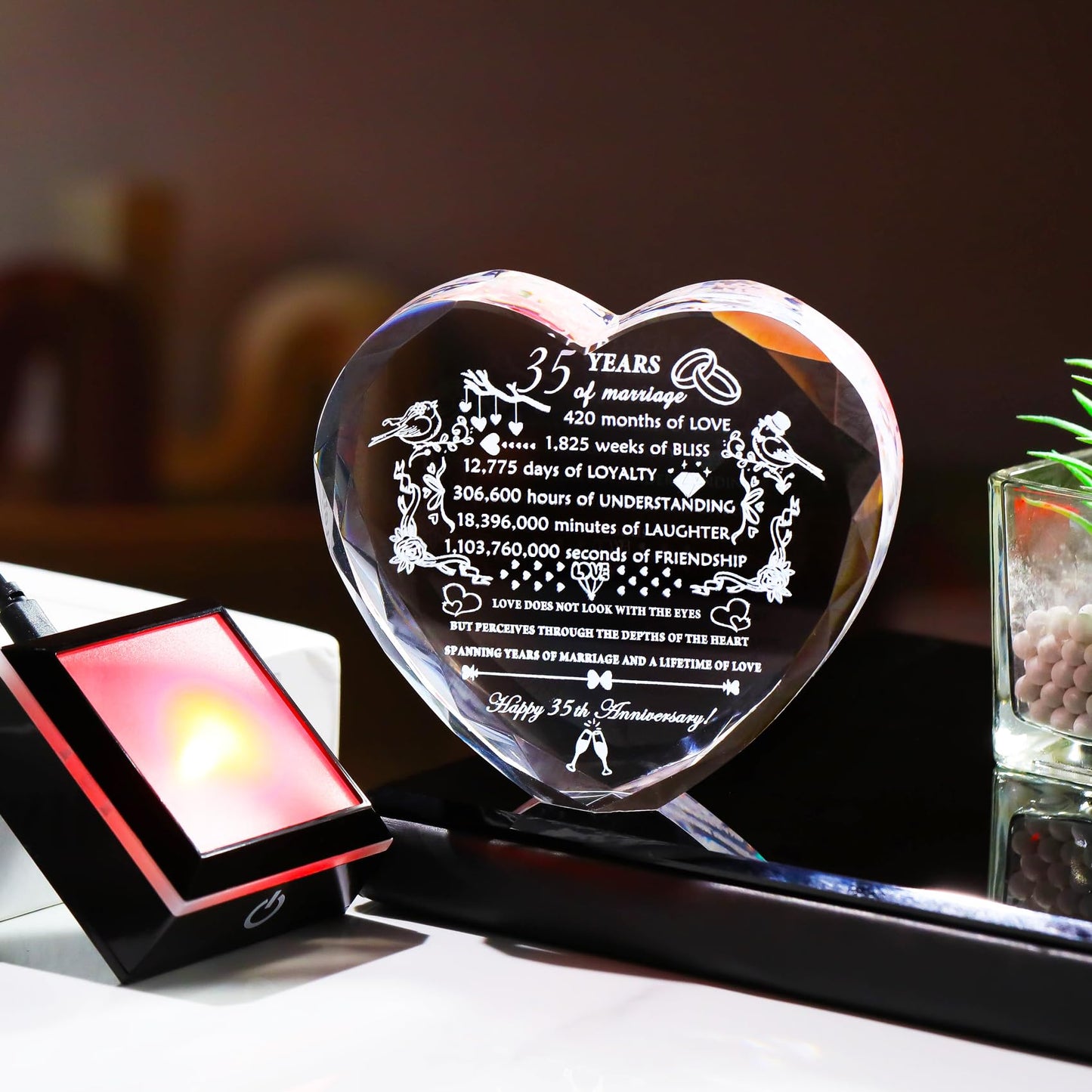YWHL 35th Wedding Anniversary Crystal Gifts with LED Base Laser Engraved 35th Anniversary Heart Keepsake Gift for Couples Parents Romantic 35 Years of Anniversary Marriage Gifts for Wife Husband