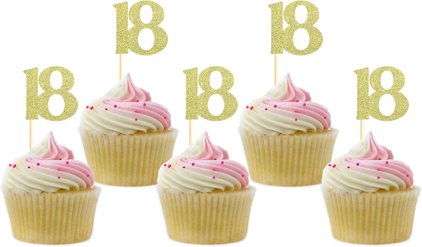 Sotpot 30PCS Gold Glitter 18th Birthday Cupcake Toppers Cheers to 18 Years Cupcake Picks for 18th Birthday Anniversary Party Decorations