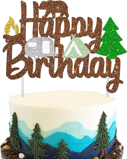 Camping Birthday Cake Topper Happy Camper Cake Decorations Bear Woodland Tent Themed Birthday Decorations Glitter Lumberjack Cake Picks for Outdoor Adventure Baby Shower Wild Party Supplies