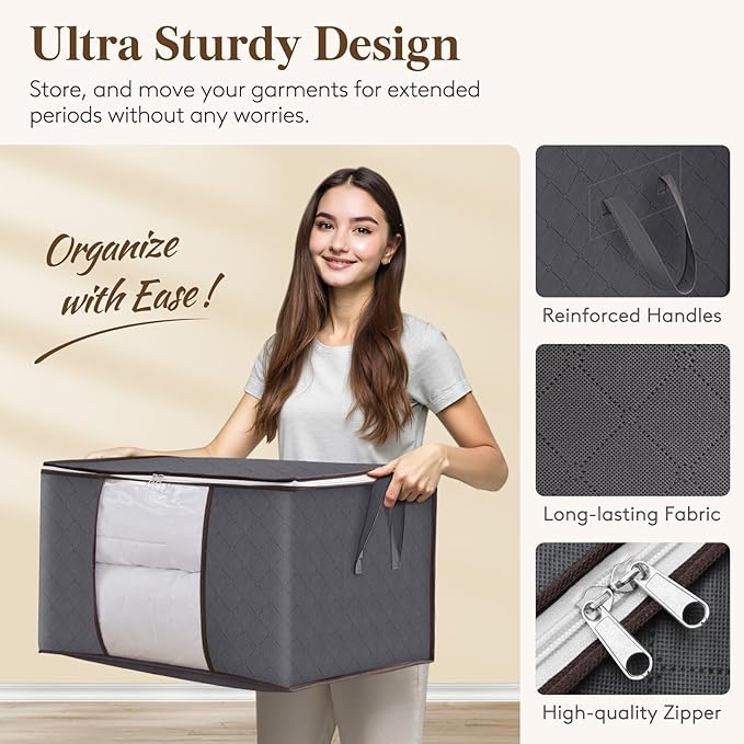 Lifewit 3 Packs Clothes Storage Bag, Storage Bins for Clothes, Blankets, Comforters, Foldable Clothing Storage with Reinforced Handle, Sturdy Zipper, Closet Organizer with Clear Window, Gray