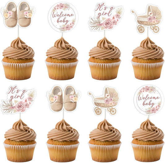 Boho Floral Baby Shower Decorations for Girl 36Pcs Boho Baby Shower Cupcake Toppers Pampas BabyShower Decoration Pink Floral Pampas Grass It's A Girl Cupcake Topper for Pregnancy Celebration