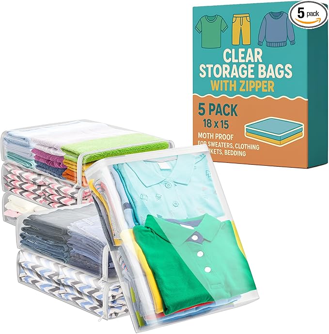 Houseables Sweater Bags Moth Proof, Clothing Storage Bags, with Zipper, Sweater Storage, Clear Zippered Organizers, Clothes, Blanket, Linen, Bedding, Quilt, Vinyl Plastic Protectors, 18x15x4â, 5 Pack.
