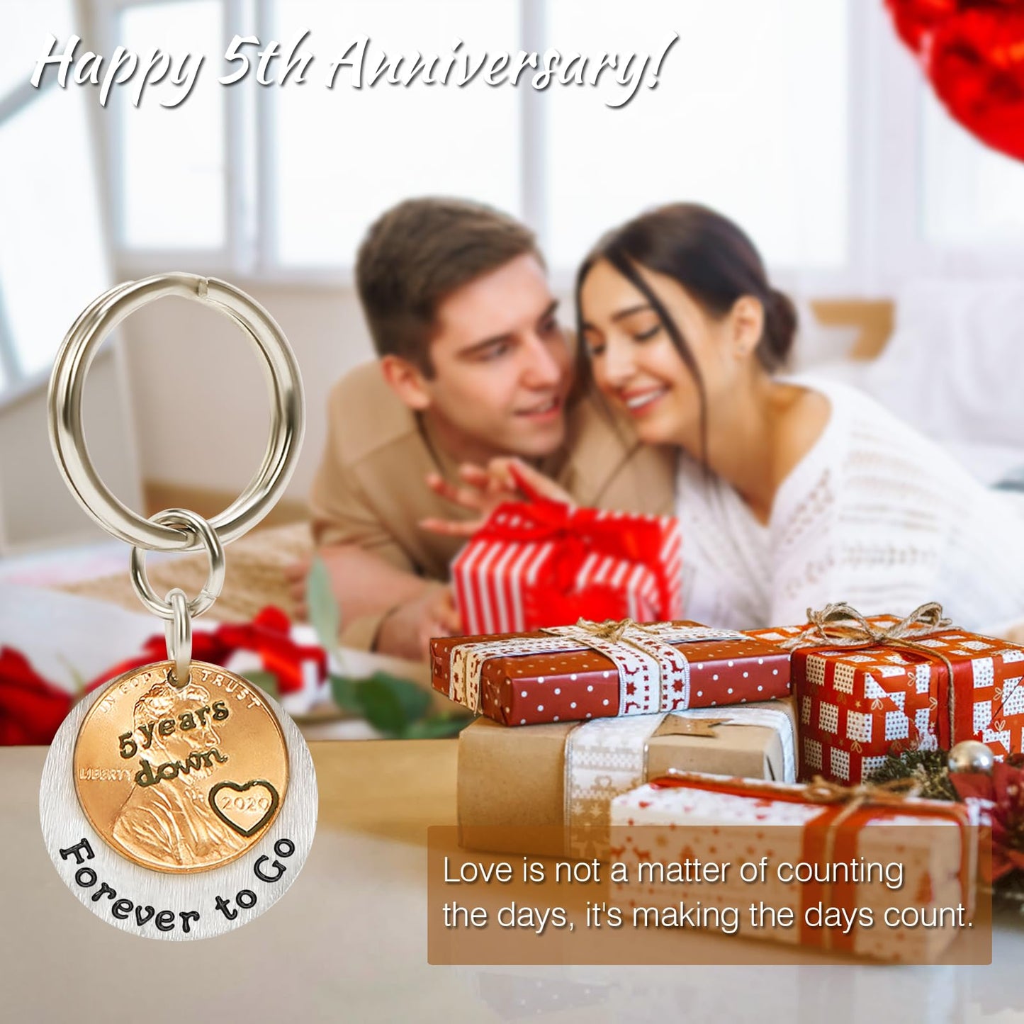 HRMYUDI 5 Years Anniversary Wood Wedding Gift for Man Woman, Coin Keychain with a 2020 Penny, 5 Years Down and Forever To Go, Fifth Wood Wedding Anniversary Presents for Him Her