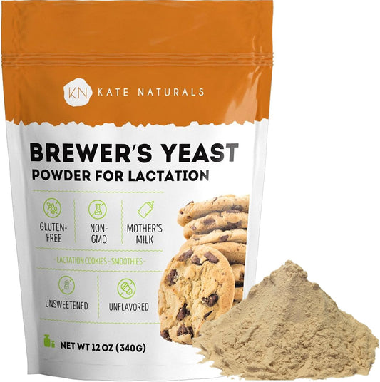 Kate Naturals Brewers Yeast Powder for Lactation Support & Nursing Moms. Debittered Brewer's Yeast for Lactation Cookies (12oz, Gluten Free, Non-GMO)