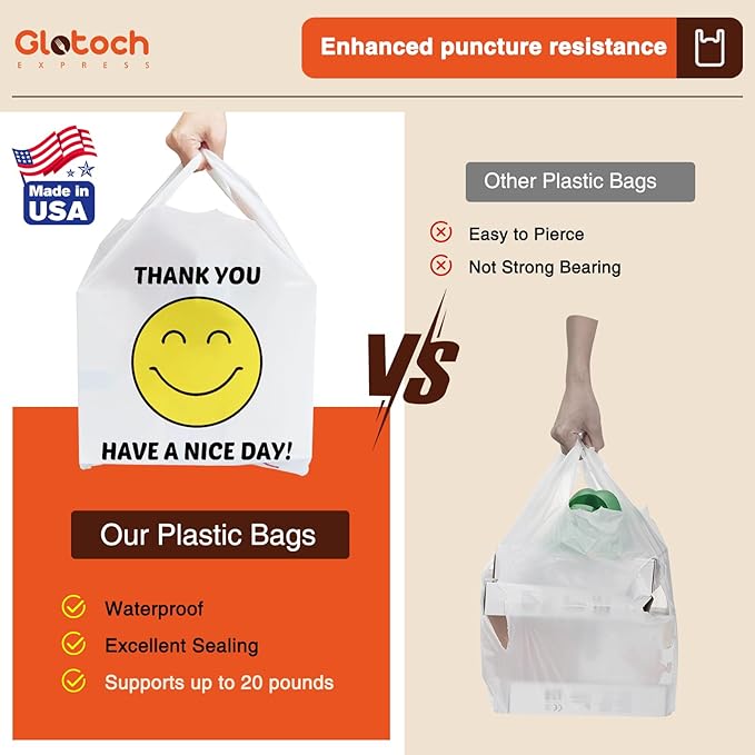 Glotoch 10000 (10K) Ct Plastic Thank You T-shirt Bags Smile Face, 11.5 x 6.5x 21" Have Nice Day Grocery Shopping Gift Bag with Handles for Restaurant, Retail, Togo, Convenience Store, in Bulk Business