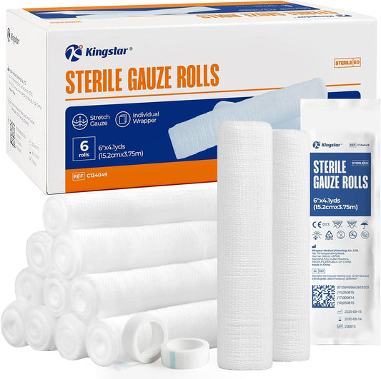 Sterile Gauze Rolls, 6in x 4.1 Yards, Conforming Stretch Gauze Bandage, Pack of 6, Firm Support for Dressings and Splints, Latex-Free First Aid Supplies Individually Wrapped with Bonus Tape