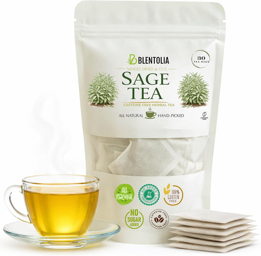 Blentolia Sage Tea | 100% Natural Herbal Infusion | Soothing & Aromatic | Caffeine-Free Wellness Tea – 30 Tea Bags Resealable Pouch