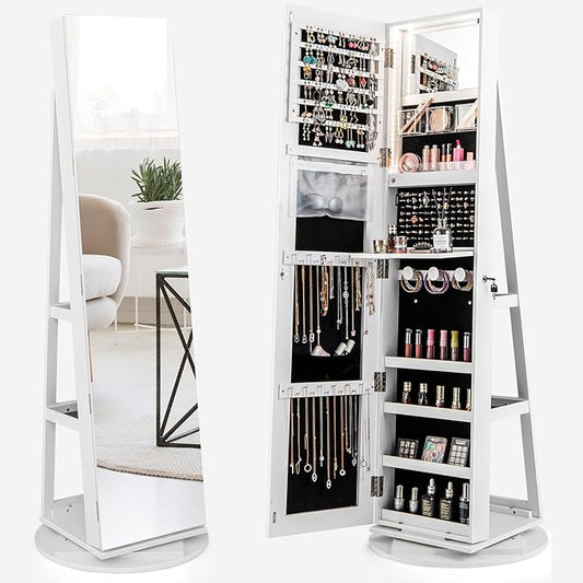 Mirror Jewelry Cabinet Standing with Full Length Mirror, 360Â° Swivel Jewelry Armoire with 3-Color LED Lights & Foldable Makeup Shelf, Lockable Organizer for Women, Space-Saving (White)