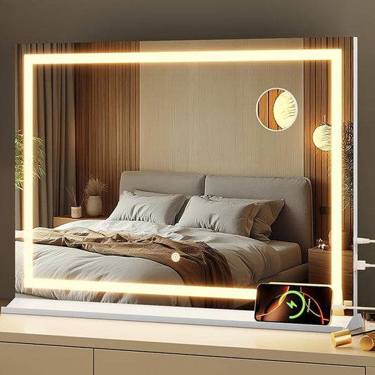 Vanity Mirror with Lights, 24" x 32" Makeup Mirror with 3 Color Modes 5X Magnification & USB/Type-C Charging Port, Large LED Mirror for Bedroom Tabletop & Wall Mounted