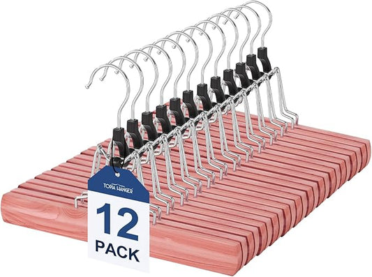 TOPIA HANGER 12 Pack Cedar Pants Hangers, Hair Extension Hangers Non Slip Skirt Hanger Wood Clamp with Velvet Padded 360Â° Swivel Hook for Jeans, Skirts, Trousers, Wigs CT67C