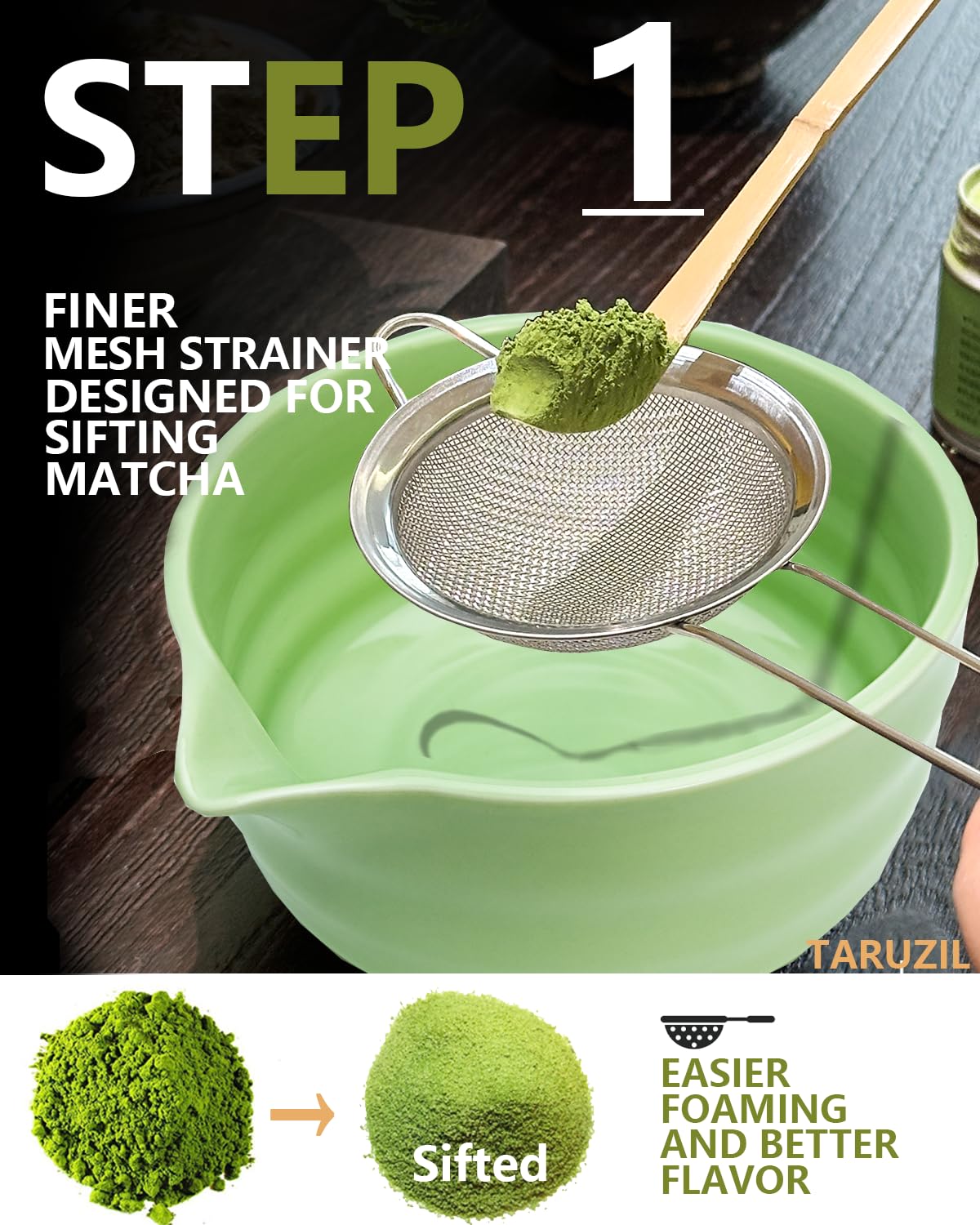 Taruzil Matcha Whisk Set with Matcha Bowl, Matcha Bamboo Whisk, Scoop, Sifter, Matcha Kit Holder Unique Gifts for Women Men Girl Friend Home Kitchen Decor Gifts for Christmas, Birthday（Light Green）