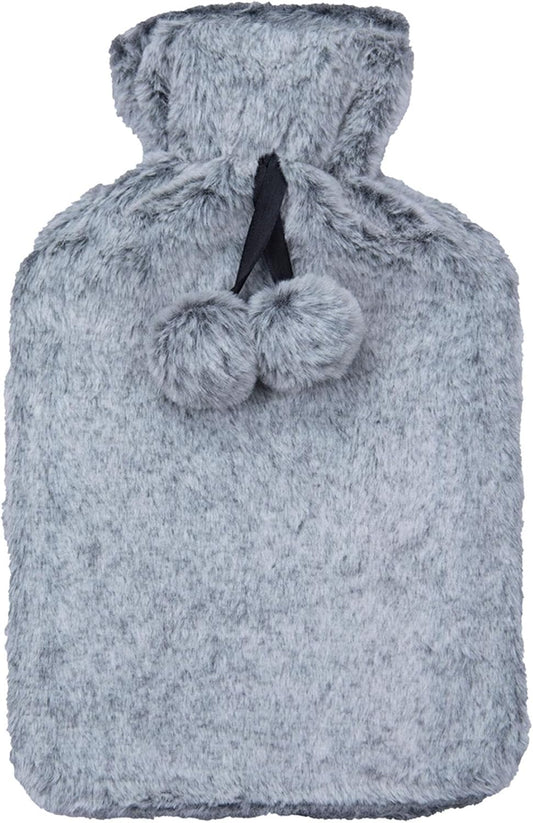 A2Z Hot Water Bottles Soft Plush Pom Pom Fleece Cover 2Liter - Hot Bottle HB1152 Black