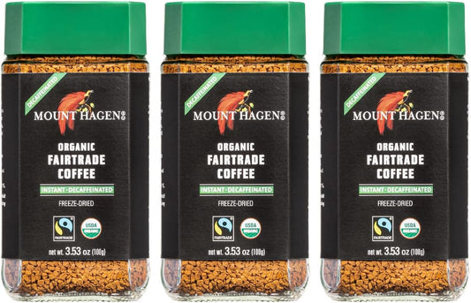 Mount Hagen 3.53oz Organic Freeze Dried Instant Decaf Coffee- 3 Pack | Eco-friendly Decaf Coffee Made From Organic Medium Roast Arabica Beans | Fair-Trade Instant Coffee Decaffeinated [3x 3.53oz Jar]