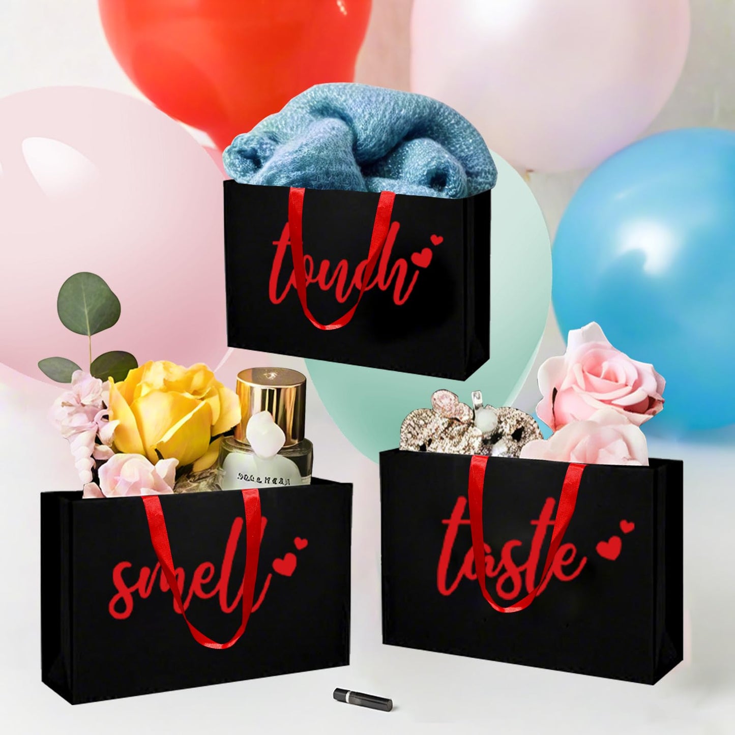 YIXAXKAO 5 Senses Gift Bags Five Senses Gift Bags with Tissue Paper Kraft Paper Bag with Ribbon Handles for Anniversary, Valentine's Day, Birthday for Him Husband Boyfriend (Red black)