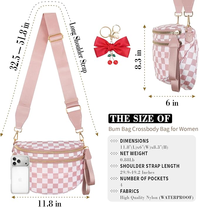 Checkered Crossbody Bag for Women, Spacious Sling & Stylish Bum Bag for Travel, Concerts, Festival, Nylon Fanny Pack Belt Bag (Colour Bum Bag-Pink Checkered)