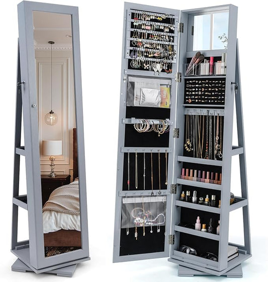 CHARMAID 360Â° Swivel Jewelry Armoire with Full Length Mirror, Standing Lockable Jewelry Cabinet Organizer, Large Storage Capacity, Inside Makeup Mirror, Back Storage Shelves (Gray)