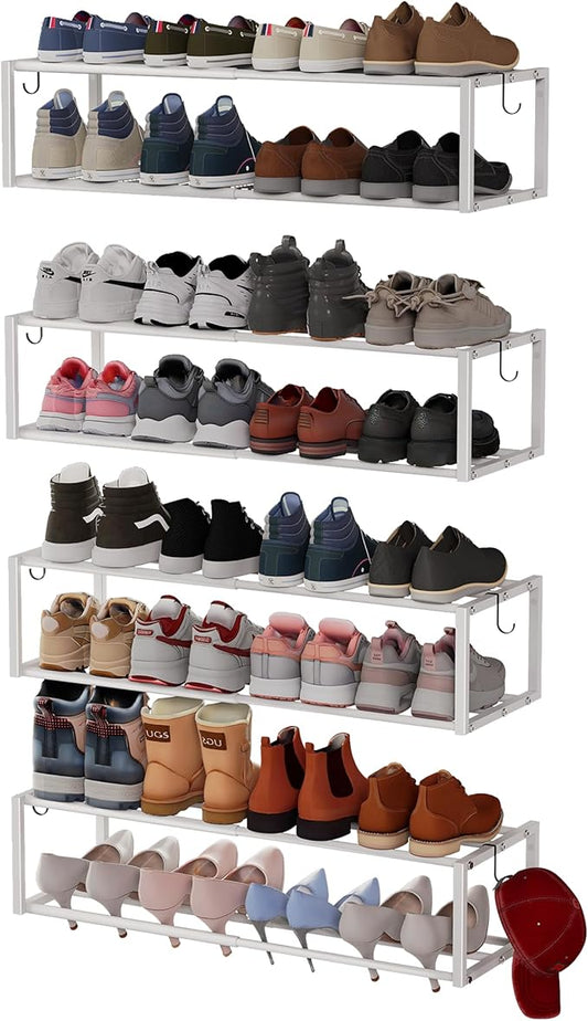 4 Pack Expandable Wall Mounted Shoe Rack, 17"-30"Adjustable Hanging Shoe Rack Holds 24 Pairs, Heavy Duty Metal Shoe Racks Holder with 8 Storage Hooks, Space Saving for Entryway Closet Doorway（White)