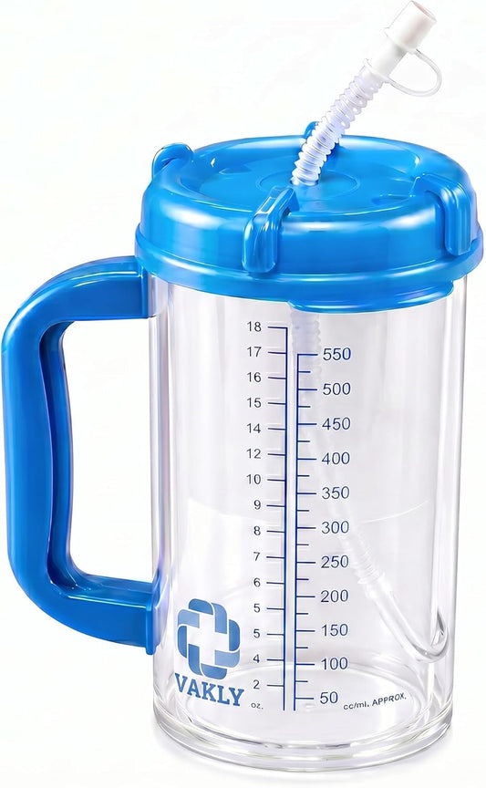 Vakly Hospital Carafe Insulated Double-Walled Graduated Water Tracking Bottle 18 oz – Refillable Hot & Cold Bottle with Flexible Straw and Pouring/Sipping Spout for Bedside or Patient Care
