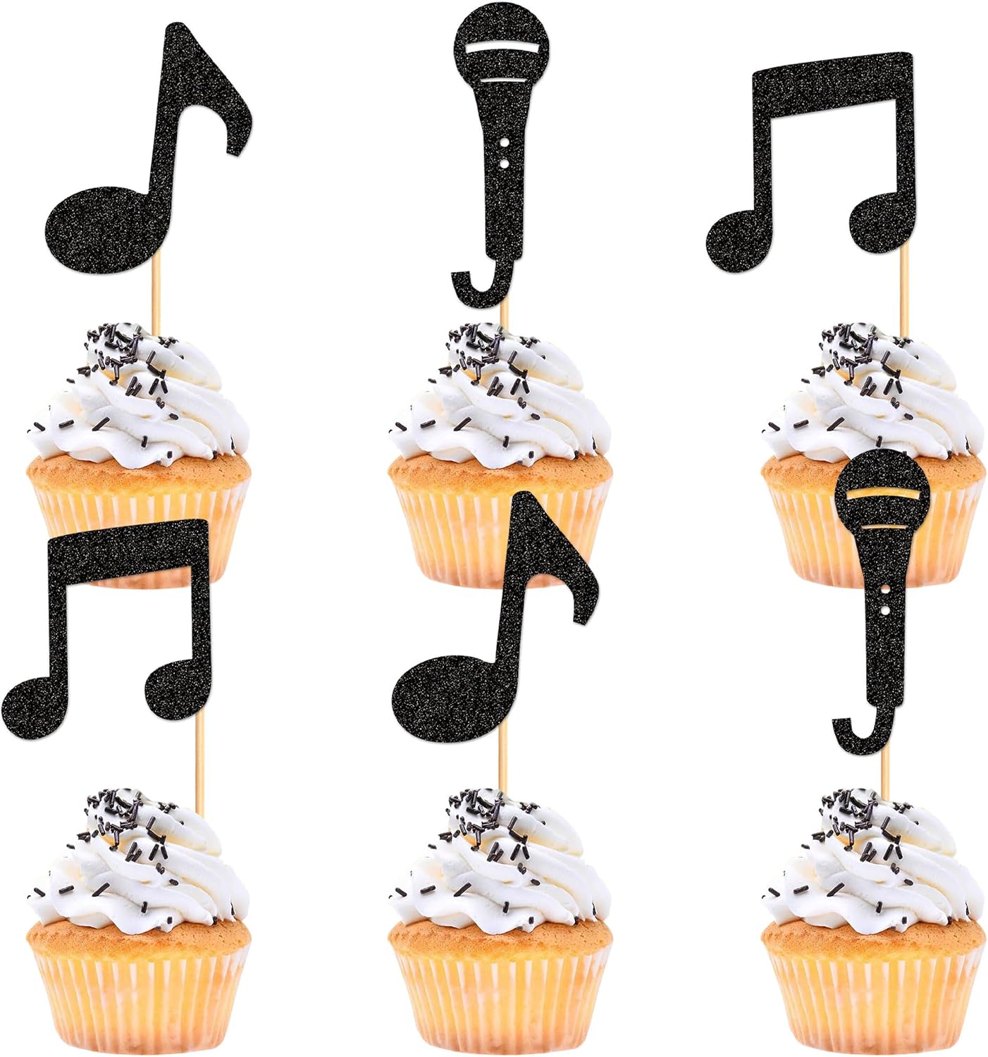 Ercadio 24Pcs Music Notes Cupcake Toppers Black Glitter Musical Symbol Microphone Cupcake Picks for Music Baby Shower Singer Birthday KTV Concert Party Cake Decorations Supplies