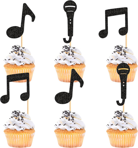 Ercadio 24Pcs Music Notes Cupcake Toppers Black Glitter Musical Symbol Microphone Cupcake Picks for Music Baby Shower Singer Birthday KTV Concert Party Cake Decorations Supplies