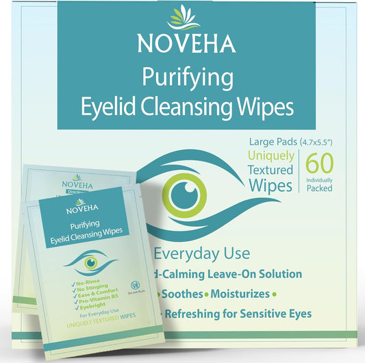 NOVEHA Eyelid & Lash Wipes | For Itchy, Dry Eyes, Styes & Blepharitis | lid and lash Cleansing Wipes, Hypoallergenic & Soothing For Sensitive Eyes, Pack of 60