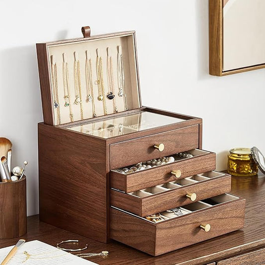 Black Walnut Wooden Jewelry Box for Women 4 Layer with Glass Lid and Pull-out Necklace Storage Layer Watch Necklace Ring Earring Storage,Valentine's Day Gifts