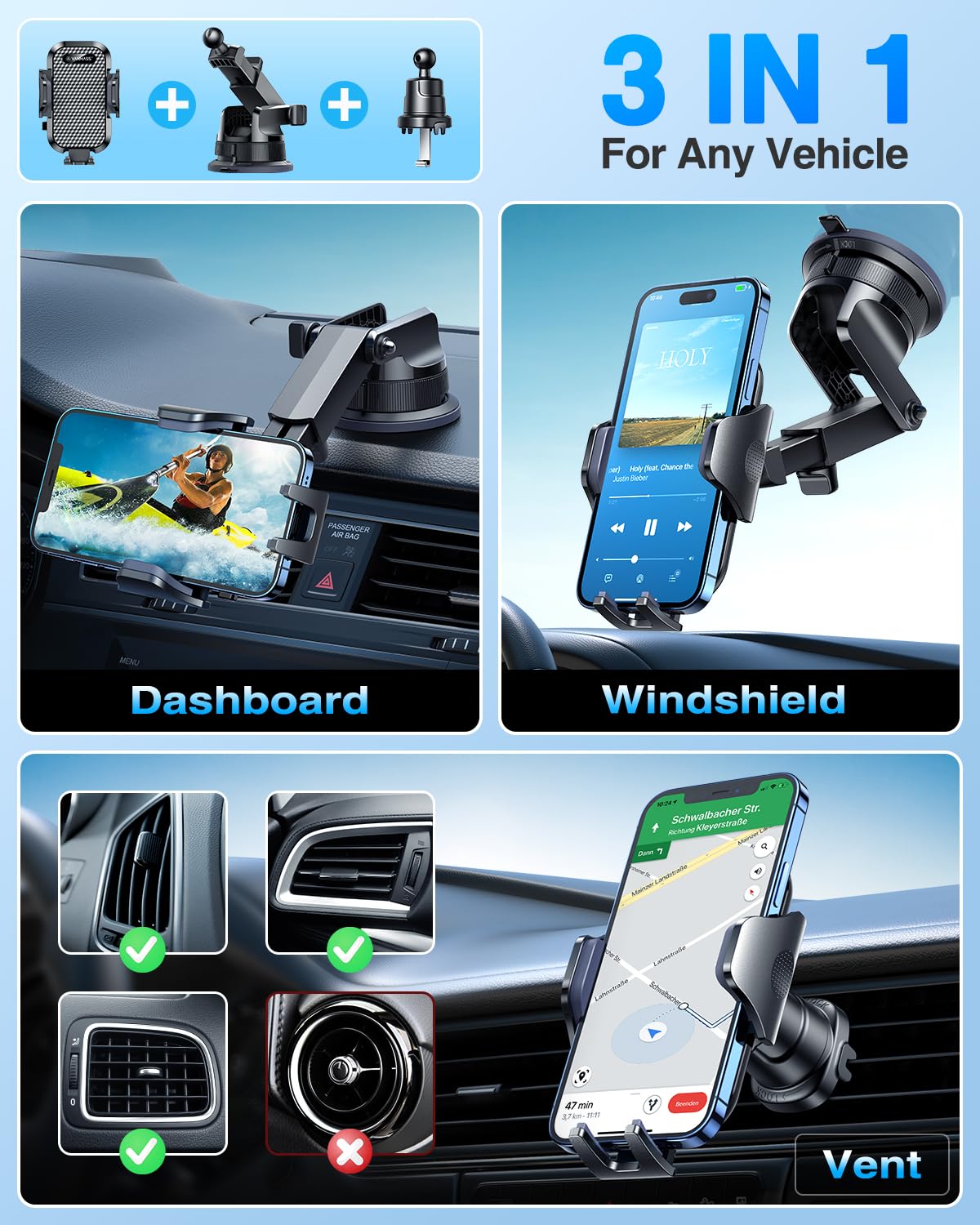 [2025 True Military-Grade] Car Phone Holder VANMASS [Upgraded Strongest Suction & Clip] Cell Phone Mount for Dashboard Windshield Vent,Truck Cradle Stand for iPhone 16 Pro Max 15 14 13 Samsung Android