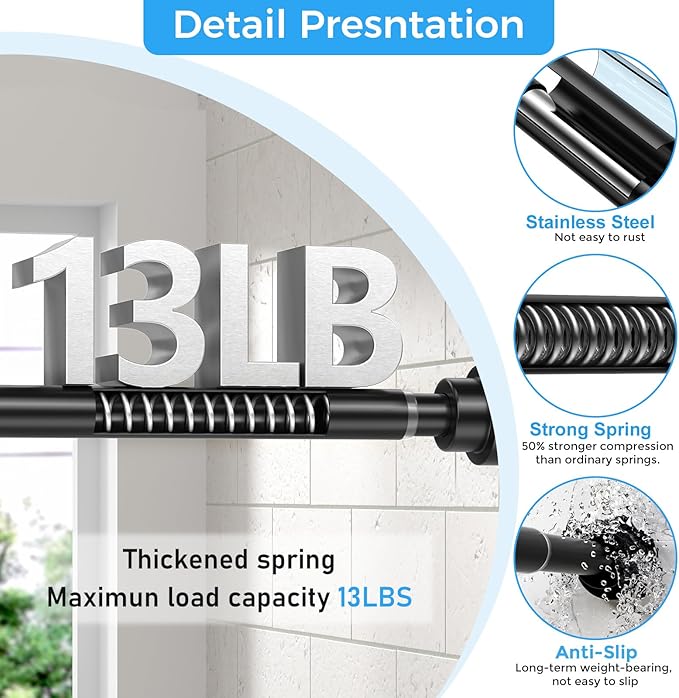 Shower Curtain Rod 31-49 Inch,0.87"Diameter Adjustable Spring Tension Curtain Rods No Drill,Matte Black Shower Tension Rod for Bathroom,Room Divider,Window,Anti-Rust Non-Slip 1-Pack