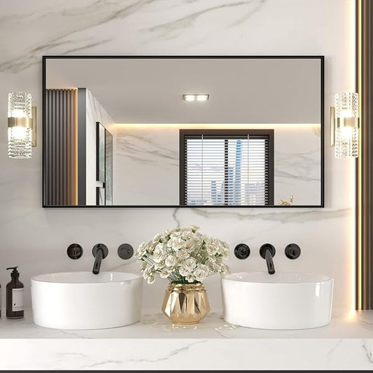 LOAAO 55"X30" Black Rectangle Bathroom Mirror Wall, Matte Black Aluminum Alloy Frame, Tempered Glass, Hangs Vertically or Horizontally, Easy to Install
