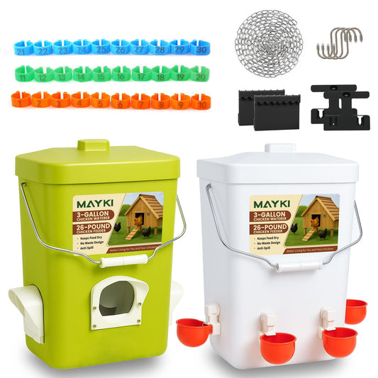 MAYKI Chicken Feeder and Waterer Set, 3 Gallon/26 LB No Waste Poultry Feeding System with Hanging Option, Automatic Coop Accessories for 10 Hens, Upgraded Feeder Port Water Cup, BPA-Free Winter Design