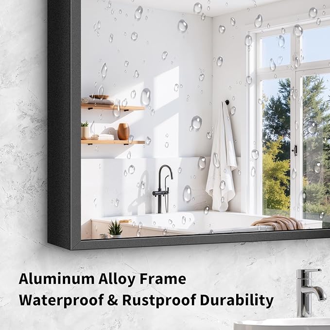 Koonmi Black Framed Bathroom Mirror - Shatterproof 24"x48" Tempered Glass, HD No Distortion, Horizontal/Vertical Mount, Modern Matte Aluminum Alloy Frame