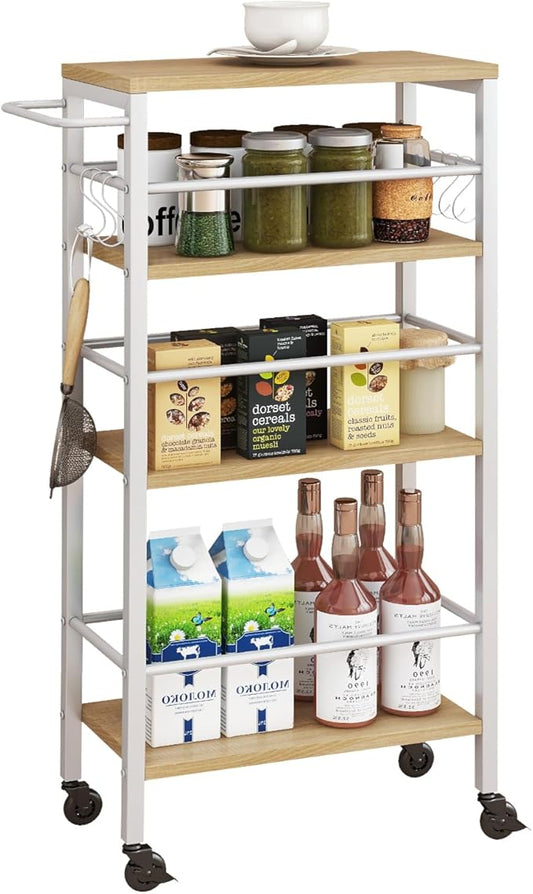 IBUYKE 7.8" Slim Rolling Cart,4 Tier Metal Kitchen Laundry Storage Cart,Industrial Narrow Utility cart,Trolley with Handle and Wooden Tabletop,for Kitchen, Living Room,Bathroom,Natural UTMJ065R