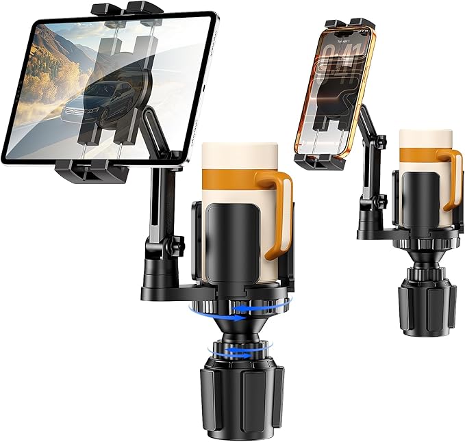 Tablet Holder for Car, 3 in 1 Cup Holder ipad Car Mount with Expander, Adjustable Base and Long Arm with 360Â°Rotation Phone ipad Holder Compatible for 4-12.9ââ Tablet, All Smartphones and Most Bottles