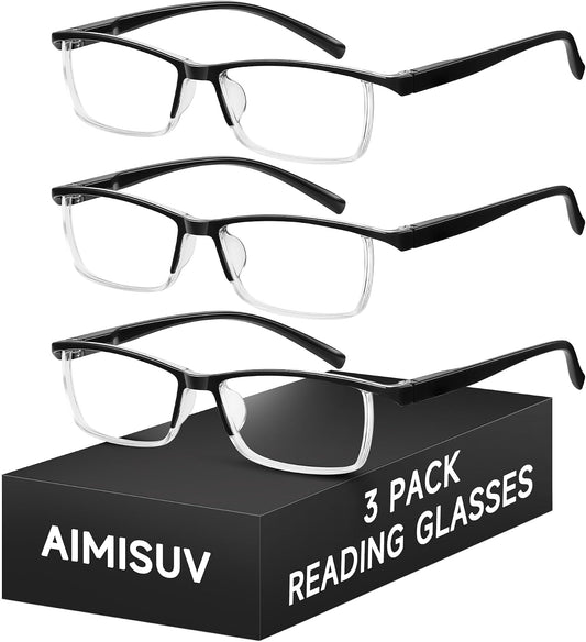 3 Pack Reading Glasses for Men, Spring Hinge Rectangular Readers for Men with Blue Light Blocking
