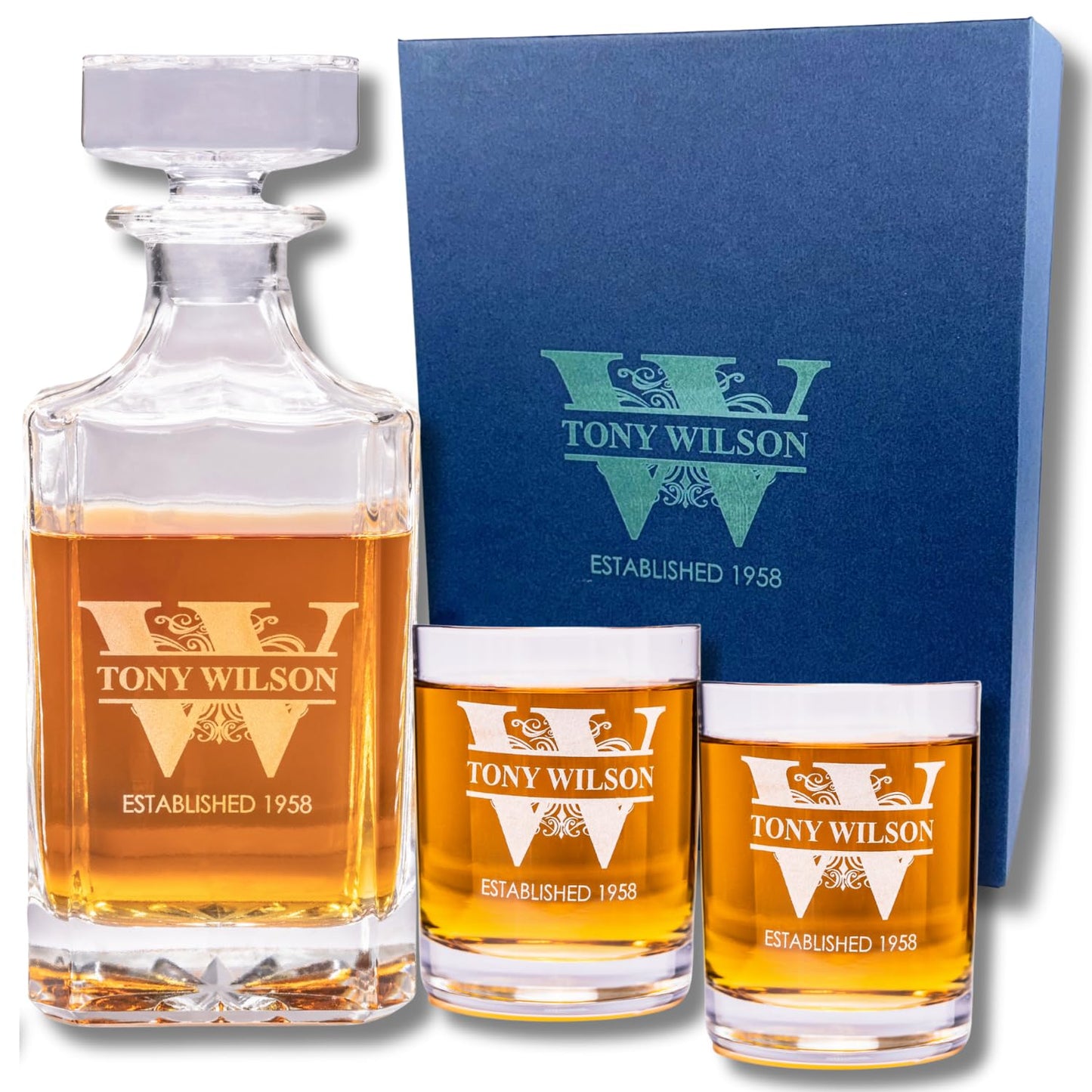 Gifts Inscribed Personalized Whiskey Decanter Set - Engraved Whiskey Decanter Bottle & Set of 2 Custom Drinking Glasses Laser Etched - Customized Whisky Gift for Wedding, Birthday, Fathers Day