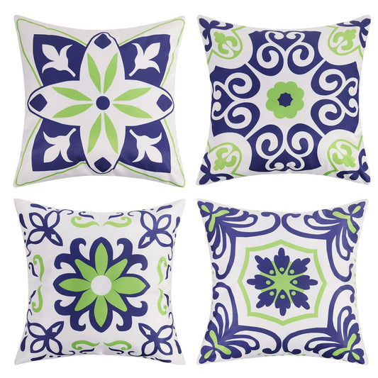 Pyonic Set of 4 Outdoor Pillow Covers 18x18 Waterproof Decorative Throw Pillow Covers Floral Printed Farmhouse Boho Pillowcase for Patio Funiture Garden Navy Blue