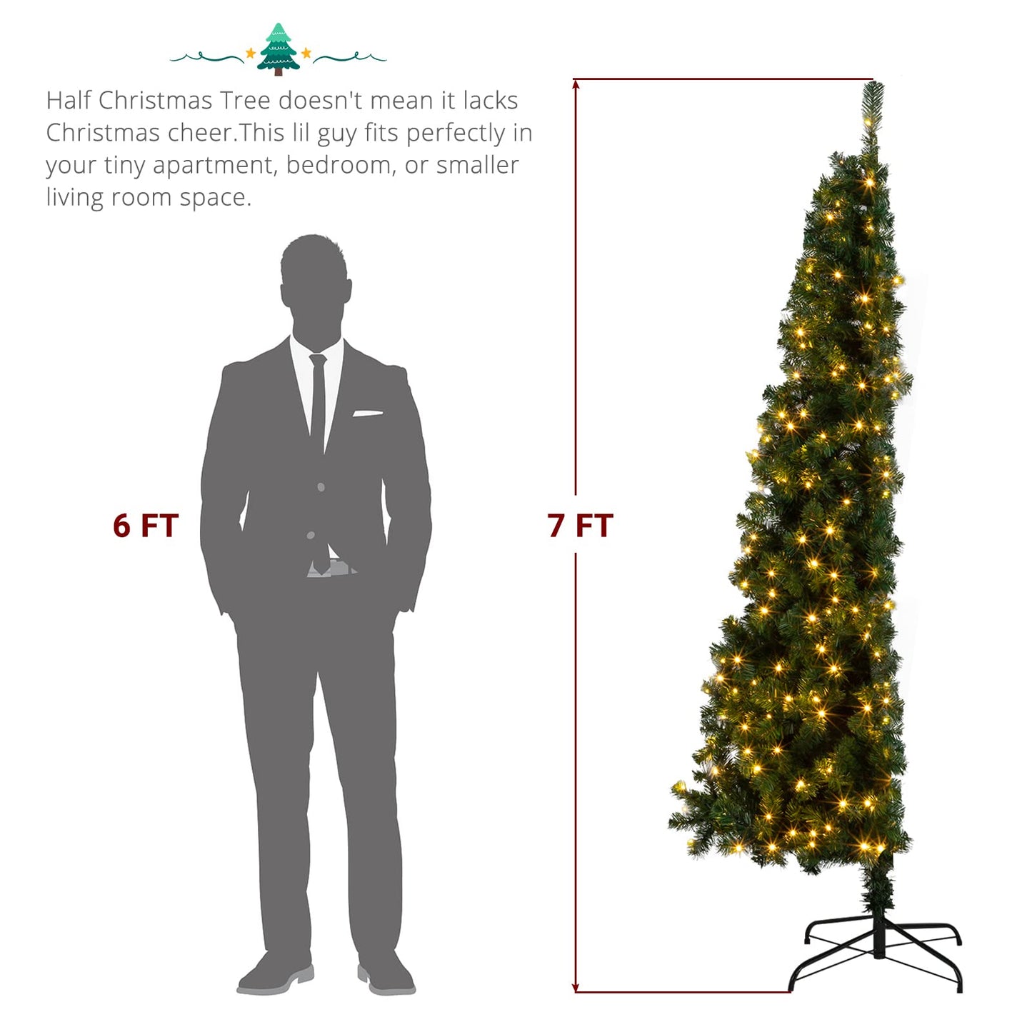 VINGLI 7ft Prelit Christmas Tree, Half Xmas Tree w/230 Warm Lights, 881 Branches Tips, Artificial Christmas Tree Perfect for Holiday, Party Unique Shape Decor